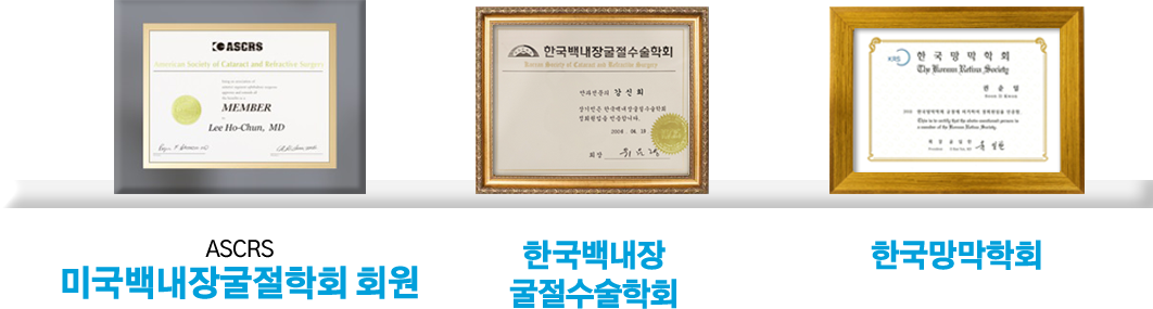 ASCRS 미국백내장굴절학회 회원, 한국백내장 굴절수술학회, 한국망막학회