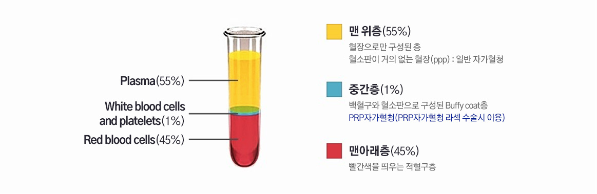 맨 위층(55%) - 혈장으로만 구성된 층, 혈소판이 거의 없는 혈장(ppp) : 일반 자가혈청 / 중간층(1%) - 백혈구와 혈소판으로 구성된 Buffy coat층, PRP자가혈청(PRP자가혈청 라섹 수술시 이용) / 맨아래층(45%) - 빨간색을 띄우는 적혈구층